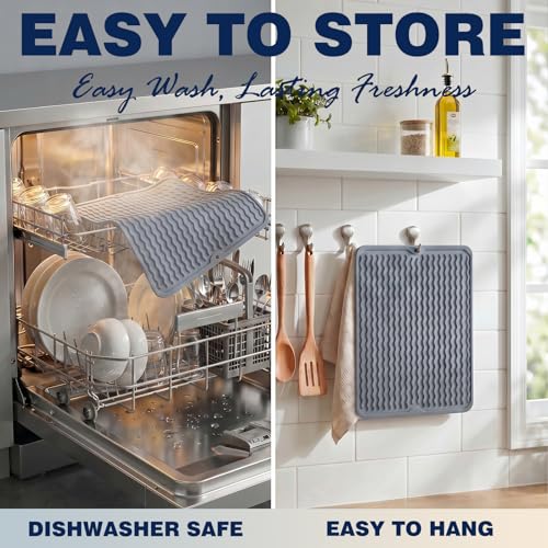 2 Pack Caketime Silicone Dish Drying Mat for Kitchen Counter Multiple Usage for Baking Cooking Grilling Under Sink Office Coffee Accessories Apartment Appliances Pioneer Woman Stuff 15"x11.5" Blue