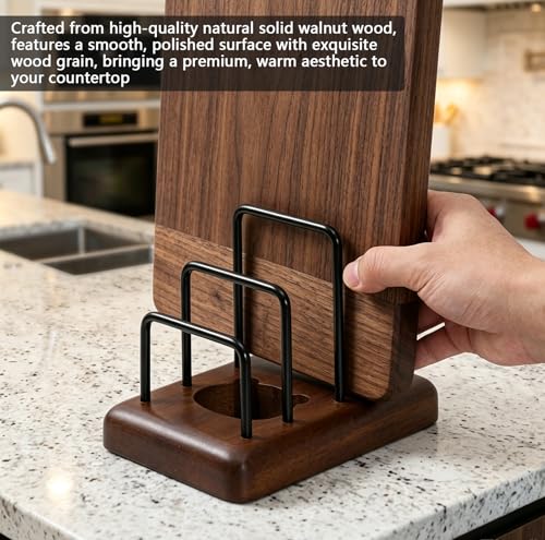 Chopping Board Rack with Walnut Base – 3 Slot Wood Cutting Board Holder Pot Lid Stand, Baking Trays Pans Plates Cabinet Storage Divider Accessory for Home Countertop Kitchen Storage & Organizer