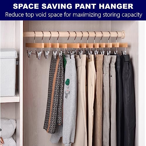 Amber Home 24 Pack Natural Wooden Pants Hangers with Adjustable Clips, 14" | Wood Skirt & Trouser Hangers, Closet Hangers for Bottom, Jeans, Slacks, Shorts