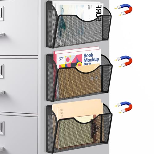 Magnetic File Holder 3 Pockets File Folder Organizer, Office Hanging Magazine Rack for File Cabinets, Magnetic Paper Holder, No Drilling Mail Organizer for Refrigerator, Whiteboard, Office, Kitchen