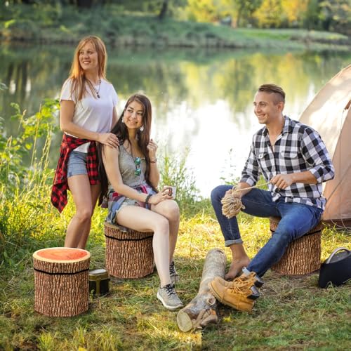 Lawei 3 Pack Tree Stump Storage Stools, 12 x 12 Inches Folding Stool Ottoman with Foam Cushion, Collapsible Storages Seat Chest, Vintage Storage Toy Box Wood Stump Organizer Stools for Toy