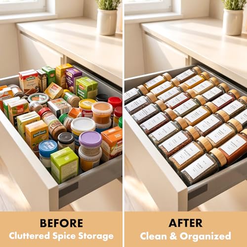 Glass Spice Jars with Label, 24x Bamboo Wooden Lids - White Labels