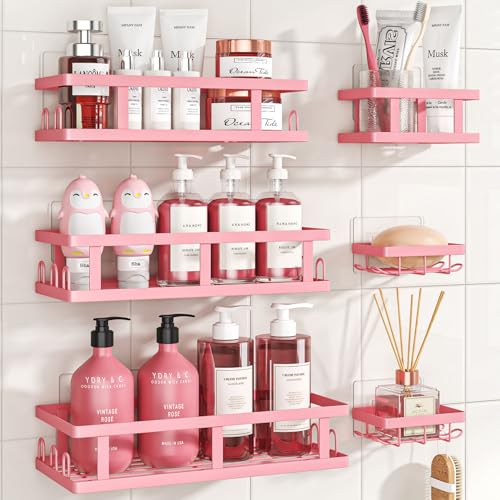Youvip Pink Shower Caddy 6 Pack, Adhesive Shower Shelves | Pink Bathroom Decor, No Drilling, Rustproof, Large Capacity, 6 Adhesives, 24 Built-in Hooks, Dorm Apartment