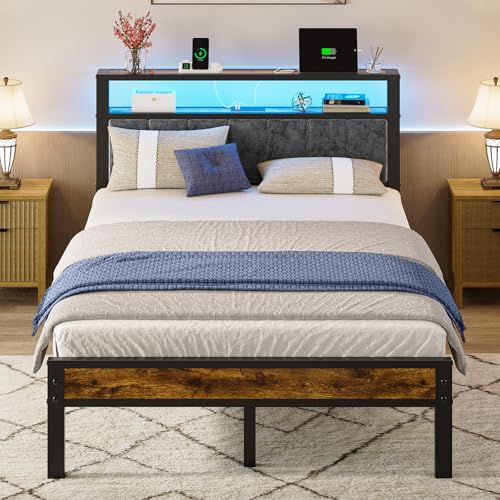 Full Size Bed Frame with LED Lights, Charging Stat... (Black | Metal)