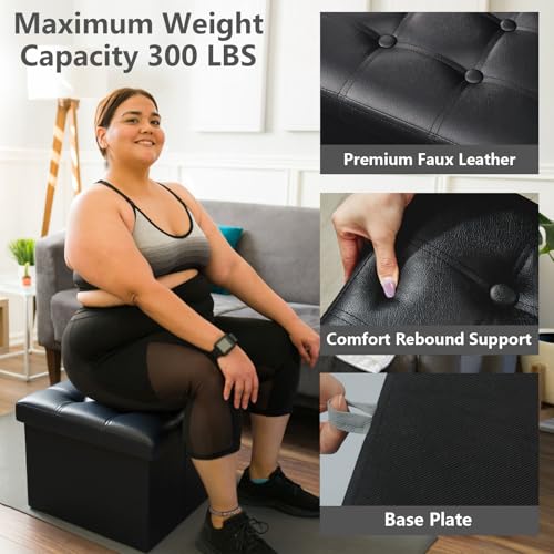 AmasSmile Ottoman with Storage, 17" Folding Leather Foot Rest Stool,Black | Storage Ottoman Foot Rest Stool, Thickened Foam Cushion,Living Room, Bedroom, Dorm, Load 300 lbs, Easy to install,17x13x13in