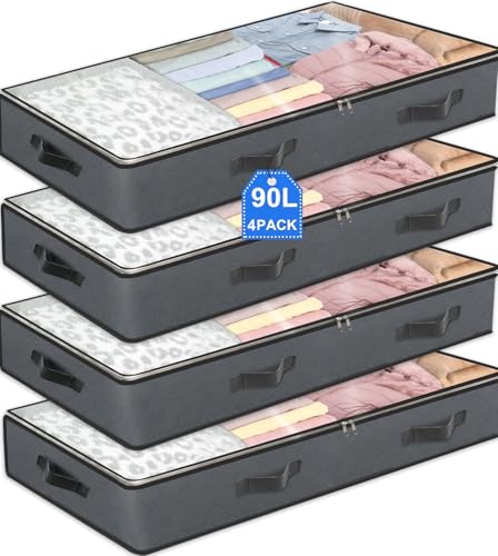 4 Pack Under Bed Storage, 90L Collapsible Closet C... (4 Count | Grey-4Pack)