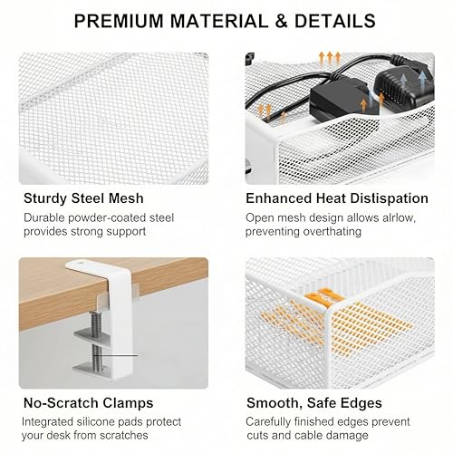 Extra Wide Under Desk Cable Management - 7inch No Drill Installation Cable Management Tray, Clamp/Screw Mount Desk Cable Management, Cable Management Tray for Office, Home((White, XL)