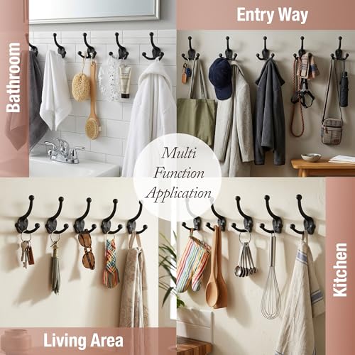 Cast Iron Tri Leg Coat Hooks (5 Pack) Wall Mounted Farmhouse, Decorative, Rust Proof for Exterior or Interior Wall Hooks, Vintage Hooks for Hanging Coats, Bags, Hats, Towels etc (Black)