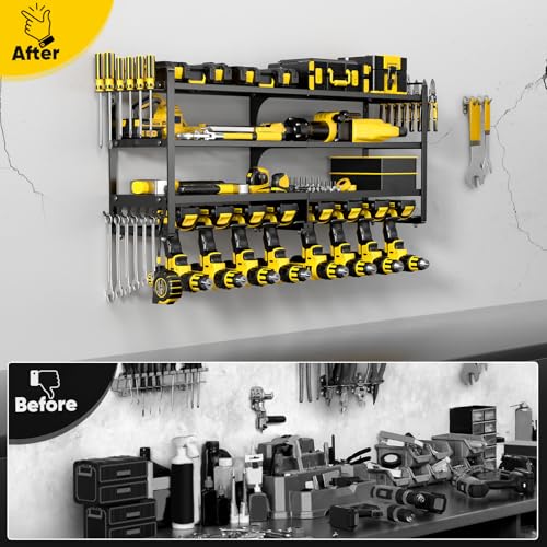 POKIPO Large Power Tool Organizer Wall Mount,4 Layers Heavy Duty Metal Loads 400lbs,Power Tool Shelf Battery Storage with 8 Cordless Drill Holder,Utility Racks for Garage Workshop
