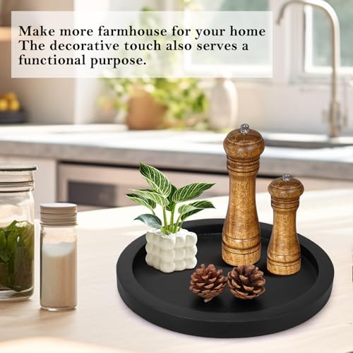 Black Wooden Decorative Trays for Kitchen Counter Living Room Centerpiece | Round Ottoman Coffee Table Tray Rustic Farmhouse Dinner Table Decor Accessories Wood Candle Plate Holder Bathroom Vanity Tray