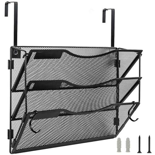 BOHDK Wall File Organizer 3 Pockets, Mail Organizer, Hanging Folder Holder, Foldable | Hanging or Wall Mounted | Label Panel | 2 Hooks | Office Home School Organizer, Black