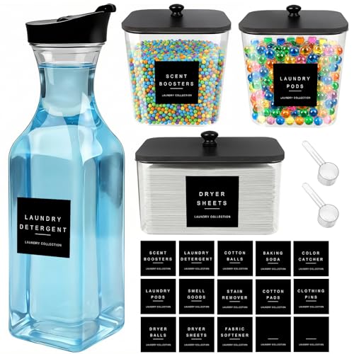 POLRAI Laundry Pod Containers and Dryer Sheet Holder and Laundry Detergent Dispenser Clear Laundry Room Organization and Storage with Wooden Lids Labels and spoon (2+1+1 Pack)