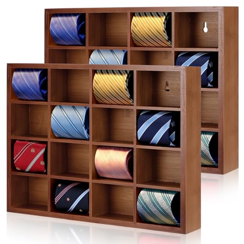 Wesiti Tie Box Organizer Wall Mounted Tie Rack with 16 Compartments Bamboo Belt Holder for Men Scarf Necktie Home Wall Closet(Dark Brown Color,2 Piece)