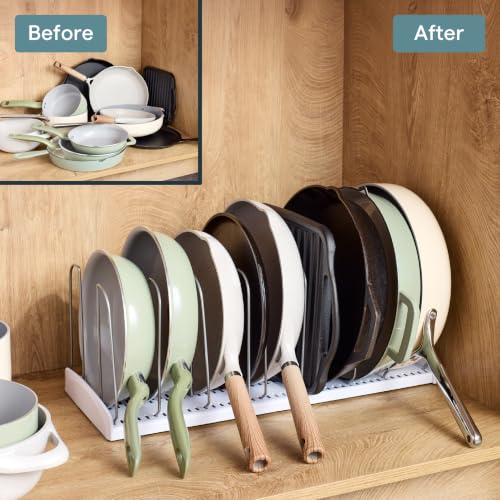 YouCopia StoreMore Expandable Cookware Rack with Tall Steel Wires, 12.5"-22" Wide Adjustable Pan Organizer for Kitchen Cabinet Storage, Premium Edition