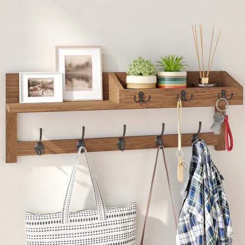 Wall Hooks with Shelf, 26.57 Inch Entryway Wood Coat Hooks for Wall with Shelf, Coat Rack Wall Mount with 5 Dual Hooks 3 Key Hooks Mail Organizer and Key Rack Holder (Brown)