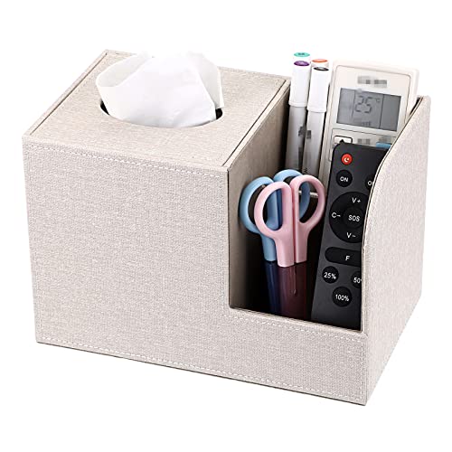 Sumnacon Square Linen Tissue Box Cover - Decorative Cube Tissue Box Holder with Side Organizer, Modern Tissue Box for Living Room Vanity Night Stand Table Countertop Office, Beige