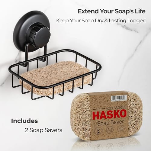 HASKO 2 Pack Suction Cup Soap Dish for Shower Wall, Rustproof Stainless Steel, Shower Soap Holder with Hooks, Includes Optional No Drill Adhesive Mount for Bathroom, 2 Soap Savers, Black