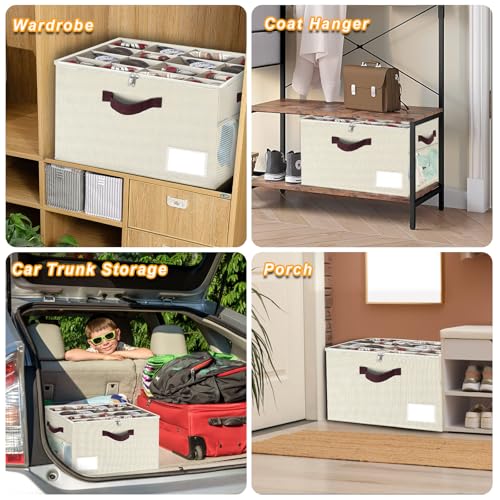 2 Pack Large Shoe Organizer for Closet, Adjustable Dividers Shoe Storage Bins Boxes, Foldable Shoe Holder Cube Containers with Clear Cover for Menâs Shoes, High Heel,Sneaker,Slippers,Boots(Beige)
