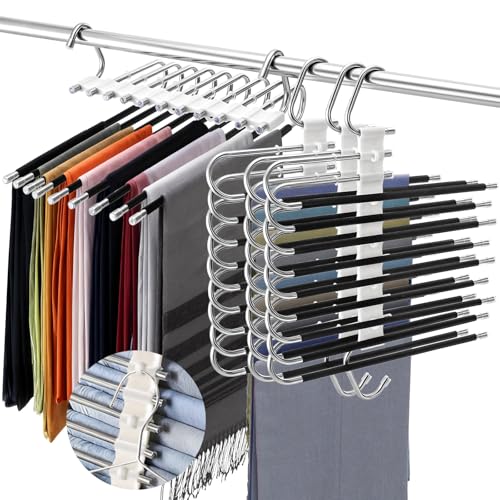 Cididu 4 Pack Pants Hangers Space Saving 9 Layers, Non-Slip Closet Storage Organizers, Stainless Steel Jean Clothes Hanger Pants Rack for Trousers Scarf Leggings Skirts, Dorm Room Apartment Essentials