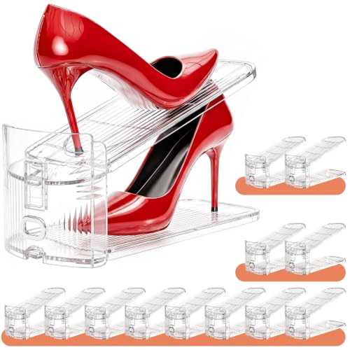 Shoe Stacker, Shoe Slot Organizer for Closet, Shoe Storage Rack | 12 Pack, Clear, 50% Space Saver, 3 Adjustable Height, Tool-Free Assembly, 30% Thicker, Superior Load Bearing