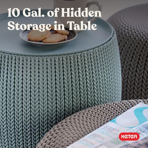 Keter Urban Knit Pouf Ottoman Set of 2 with Storage Table for Patio and Room Décor - Perfect for Balcony, Deck, and Outdoor Seating, Misty Blue & Taupe