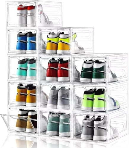 INSTY 12 Pack Large Shoe Storage Box, Clear Shoe Storage Organizer with Magnetic Door, Stackable,Shoe Containers For Display Sneakers, Easy Assembly, Fit up to US Size 12, Clear