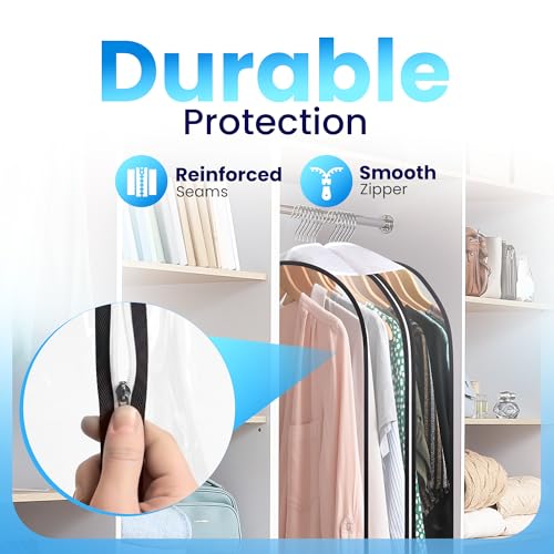 Handy Laundry Clear Garment Bags for Hanging Clothes, 50" Suit Bags with 10" Gusset, Heavy Duty Closet Storage Covers for Coats, Dresses, Shirts, Jackets, Dustproof & Breathable, 4 Pack