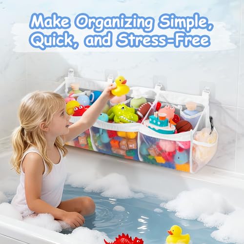 Extra Large Bath Toy Organizer with 3 Compartments and Multiple Pockets, Quick-Dry Mesh Bathtub Storage for Kids' Toys