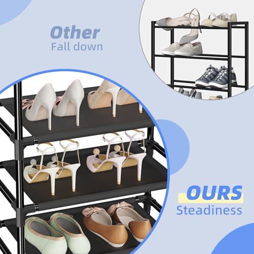 Simple Trending 10 Tiers Tall Shoe Rack for Closet, Black | Narrow Shoe Shelf, Holds 20 Pairs, Shoe Organizer Storage, With Hooks