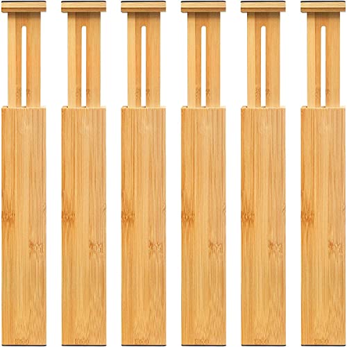 VaeFae 6-Pack Adjustable Bamboo Drawer Dividers, Expandable Drawer Organizer for Kitchen Utensils, Clothes, Bathroom, Office – Fits Drawer Interiors 16.6" to 21.8"