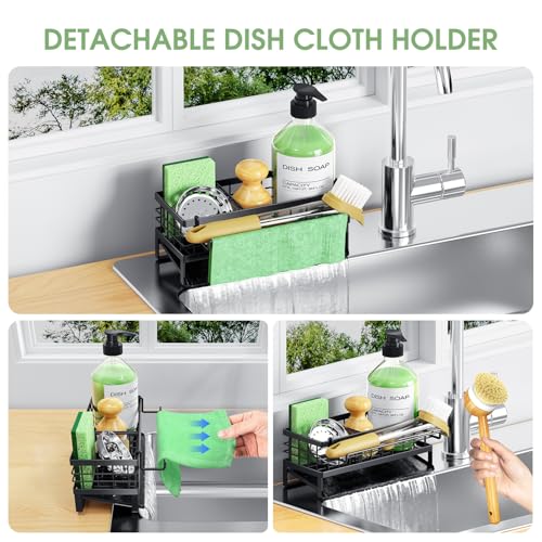 Self-Draining Kitchen Sink Caddy, Rustproof Non-Slip Metal Sponge Holder with Detachable Dish Cloth Holder (Black)