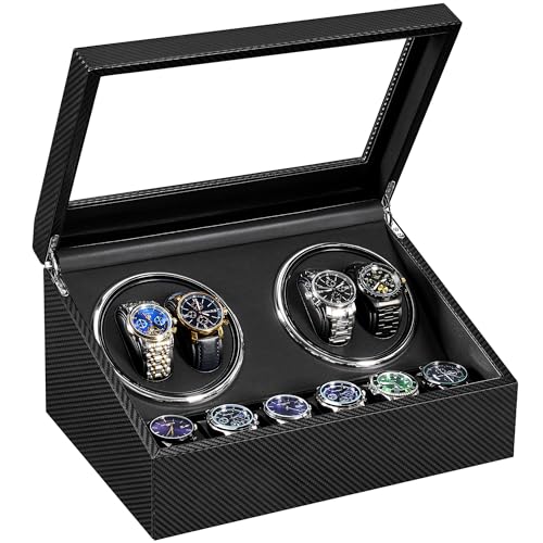 ANWBROAD Watch Winders for Automatic Watches, 4 Watch Winder | Automatic Watch Winder with 4 Watches Rotator and 6 Extra Storages,Japanese Quiet Motor,Carbon Fiber Watch Winders,UJWW012C