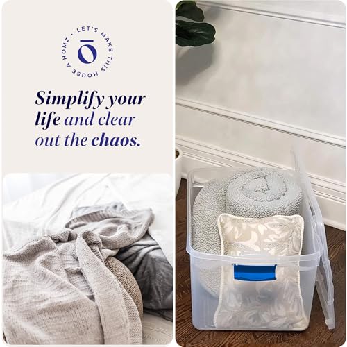 HOMZ Clear Plastic Storage Bins w/Latching Lid, 66 Qt, Blue Latch, 2 Pack | Large Stackable Container Boxes for Homes, Bathrooms, Garages, and Office Organization