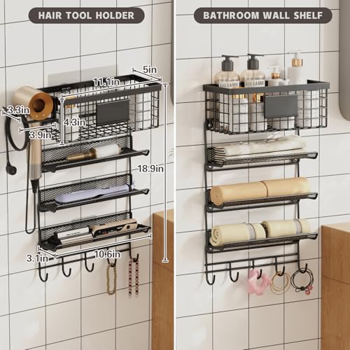 Magheo Hair Dryer Holder Wall Mounted, Adheisve Hair Styling Tool Organizer for hair Brush/Appliance Wall Mount with 5 Tier Shelf Basket Hooks Blow Dryer and Straightener Holder for Bathroom(Black)