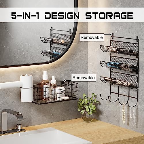 Wall-Mounted Hair Dryer Holder Styling Tool Organizer 4-Shelf Storage Wire Basket with Hook Heat Safe Rack for Hair-Straighteners,Curling Wands,Flat Iron,Perfume,Cabinet Door Bathroom Kitchen