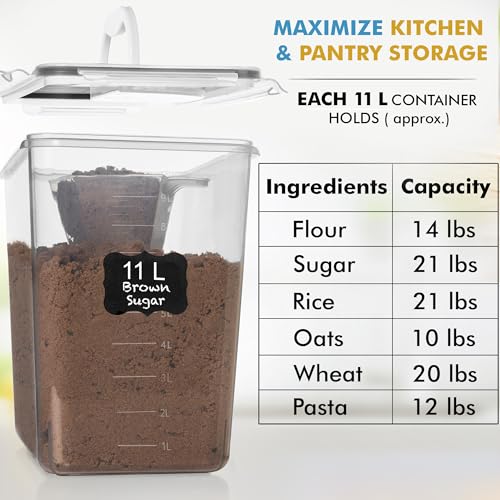 Shazo 2 PC (11L | 372 oz) Flour Sugar Storage Containers with Easy Carry Handle - Plastic Extra Large Food Storage Containers with Lids for Rice Cereal, BPA Free & Airtight Kitchen Pantry Organization
