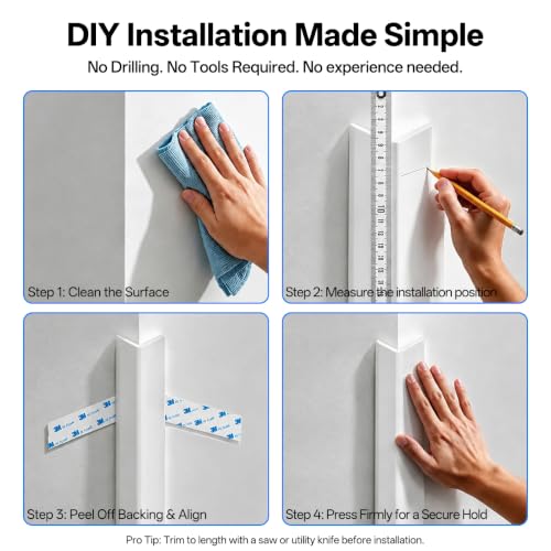 2 Pack White PVC Self-Adhesive Wall Corner Guards, 39.37in Edge Protectors | Tool-Free 5-Min Install: Peel-and-stick corner guards protect wall corners & furniture edges with scratch resistance.