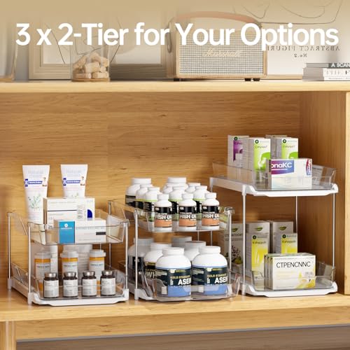 Delamu 2 Sets of 3-Tier Bathroom Under Sink Organizers and Storage, Multi-Purpose Stackable Pantry Organization and Storage, Pull Out Clear Kitchen Bathroom Cabinet Organizer with Movable Dividers | Storage