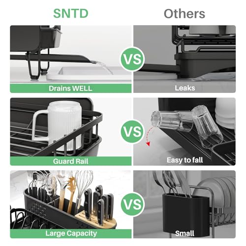 SNTD Large Dish Drying Rack for Kitchen Counter, Expandable, Black | Stainless Steel Dish Drainer, Adjustable Length 18.9''-29.3'', Automatic Drainage, 360° Spout, Cutlery Holder with Knife Slot