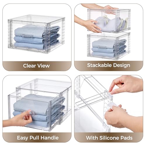 Vtopmart 4 Pack Clear Stackable Storage Drawers 15QT, Easily Assemble Closet Organizers,Plastic Storage Bins for Bathroom,Cabinet,Kitchen Pantry,Under Sink Organization(Medium)