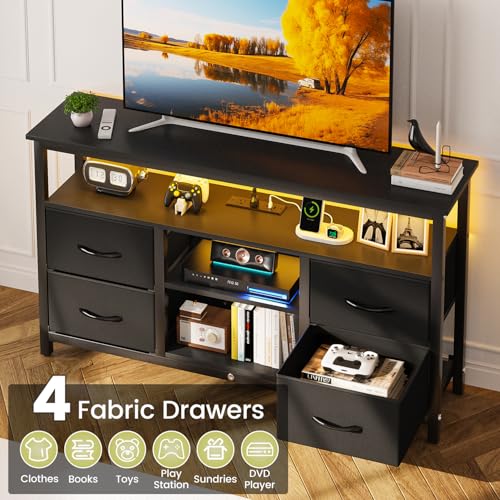Haewon TV Stand with LED Lights and Power Outlets, for 55 inch TV, Black | Console Table with 4 Fabric Drawers, Open Shelf, 2 USB Ports, Sturdy Metal Frame with Wood Top, Modern Style for Living Room