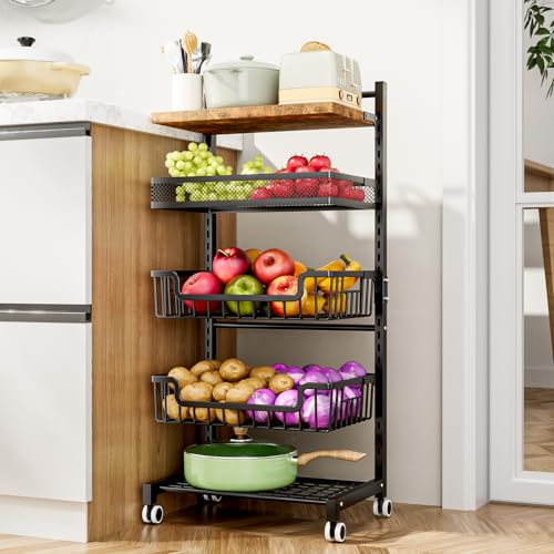 Fruit Basket Kitchen Cart - Floor 5 Tier Adjustabl... (Black | Metal, Wood)