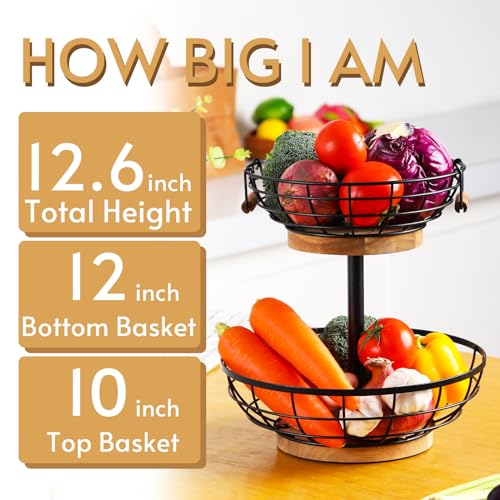 2-tier Fruit Basket Bowl,Metal Basket with Wooden Base,Fruit and Vegetable Storage with Banana Hanger,Fruit Basket for Kitchen Counter Organizer.