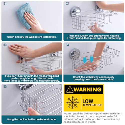 TAILI Shower Caddy Suction Cup with Hooks & Soap Holder, Silver | Heavy Duty Shower Organizers, Removable Bathroom Shelves for Inside,Stainless Steel Bathroom Holder