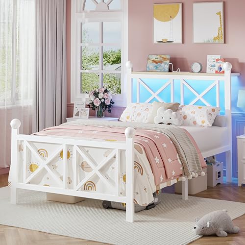 DynJest Twin White Bed Frame with Headboard and Footboard, Storage Shelf with LED Lights and Charging Station, Strong Metal Slats Support, No Box Spring Needed, Under Bed Storage, Easy Assembly