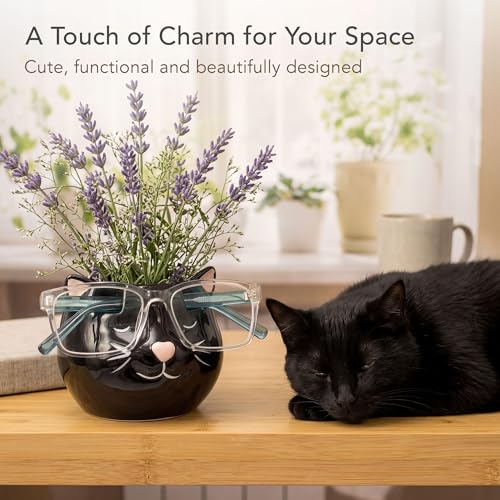 Cat Glasses Holder Stand and Vase - Black Cat Ceramic Sunglasses and Eyeglasses Stand Cat Lady Gift Display and Decor Organizer for Desk Accessories and Stationery Items