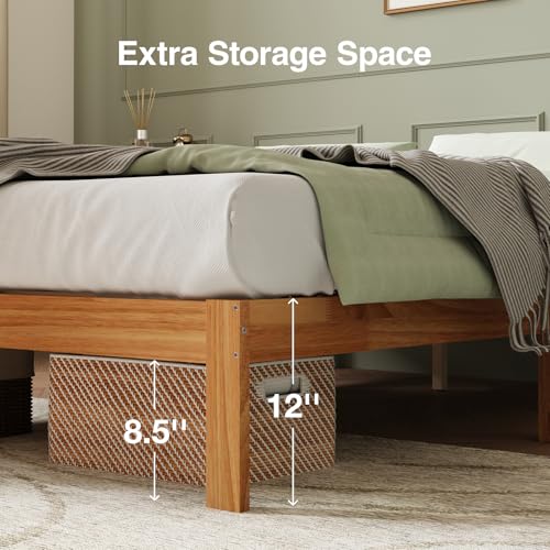 Novilla 12 Inch Wooden Queen Bed Frame, Platform Bed Frame Queen Size Without Headboard, Sturdy Wood Slat Support, No Box Spring Needed, Easy Assembly, Natural