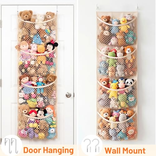 Cotton Over The Door Stuffed Animal Storage | Toy Organizer for Storage Plush Toys, Stuffed Animal Holder with 4 Large Pockets, Hanging Door Organizer for Nursery