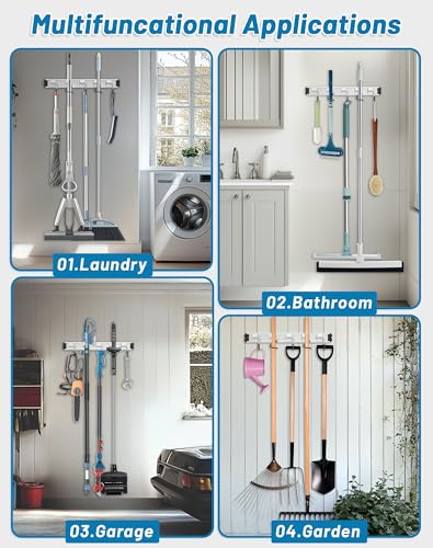 Mop and Broom Holder Wall Mount Garden Tool Rack Organizer | Modern Style, Movable Aluminum Alloy Wall Mounted Hook, Storage Gift for Bathroom, Closet, Laundry Room, Garage, Tool Room