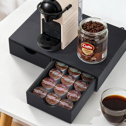 Wooden K Cup Organizer Coffee Pod Storage Box, Coffee Pod and Tea Bag Holder,Kcup Drawer Coffee Maker Stand,Home Kitchen Counter Holds Up to 30 Pods Capacity (2 Drawer) (Elegant Black)